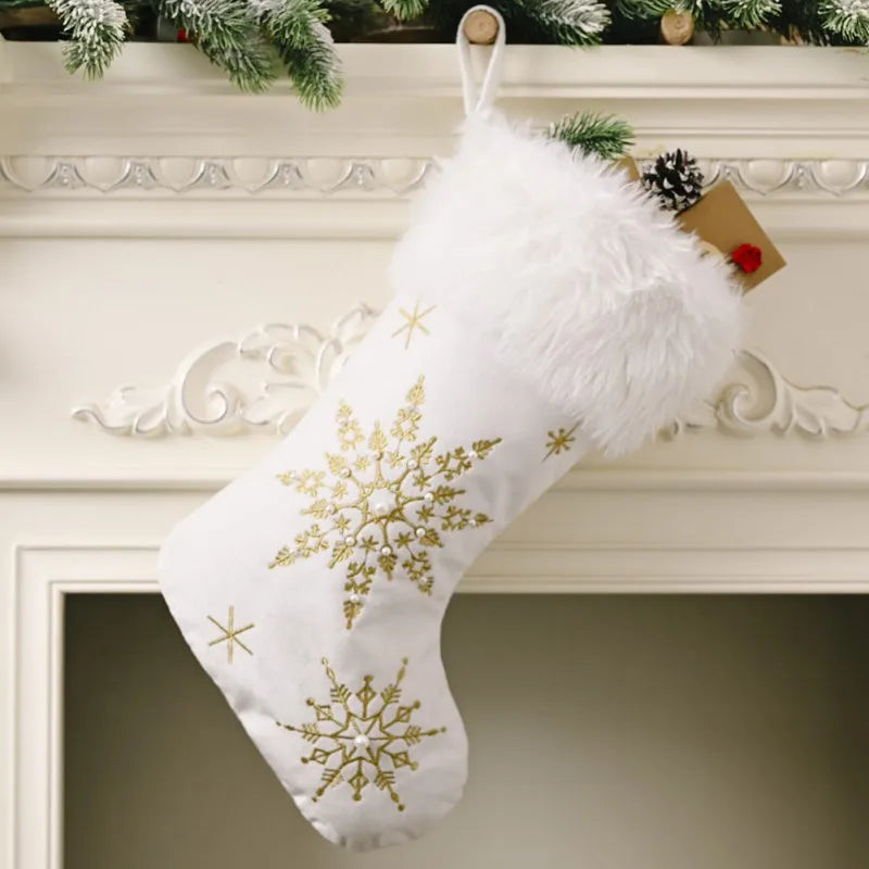 1/2pcs White Plush Stamping Gold Silver Embroidery Snowflake Christmas Stocking Merry Christmas Decor For Home Xmas Gift Socks