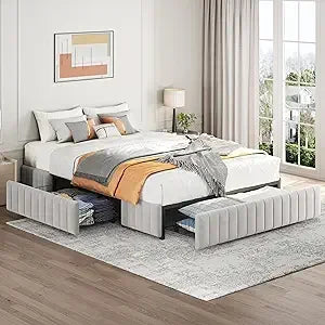 Yaheetech Full Bed Frame Upholstered Platform Bed with 3 Storage Drawers, Large Storage Space/Strong Wooden Slats/Non-Slip and N