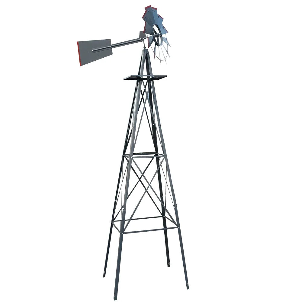 8FT Weather Resistant Yard Garden Windmill Gray & Red  Garden Decoration Outdoor  Patio Decoration