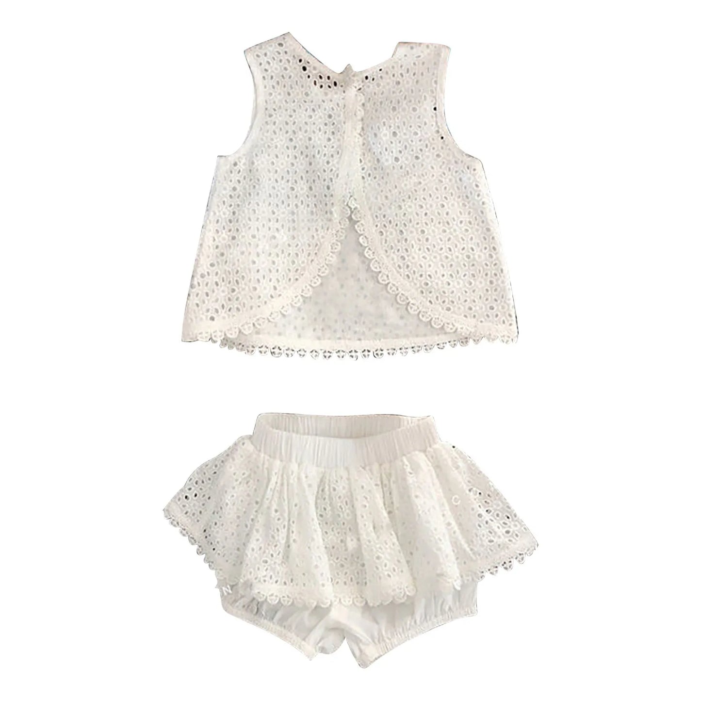 Girls 2025 Summer Clothing Sets Hollow Lace Suit Baby Casual Sleeveless T-shirt+Shorts Kids Clothing Sets Baby Clothes Outfits