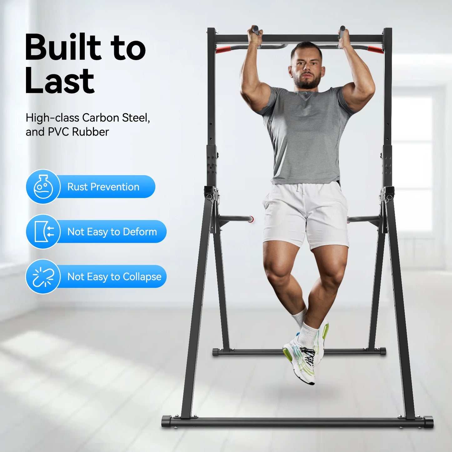 NEW Foldable Power Tower Dip Station, Height Adjustable,175cm-230 cm, Triangular Pull Up Station, 200kg, Multifunctional Fitness