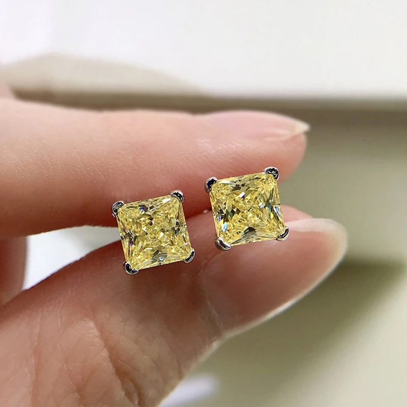 925 Sterling Silver Ladies Classic Four-Prong Ear Stud Princess Cut Fashion Simple Zircon Earrings for Women Fine Jewelry Gift
