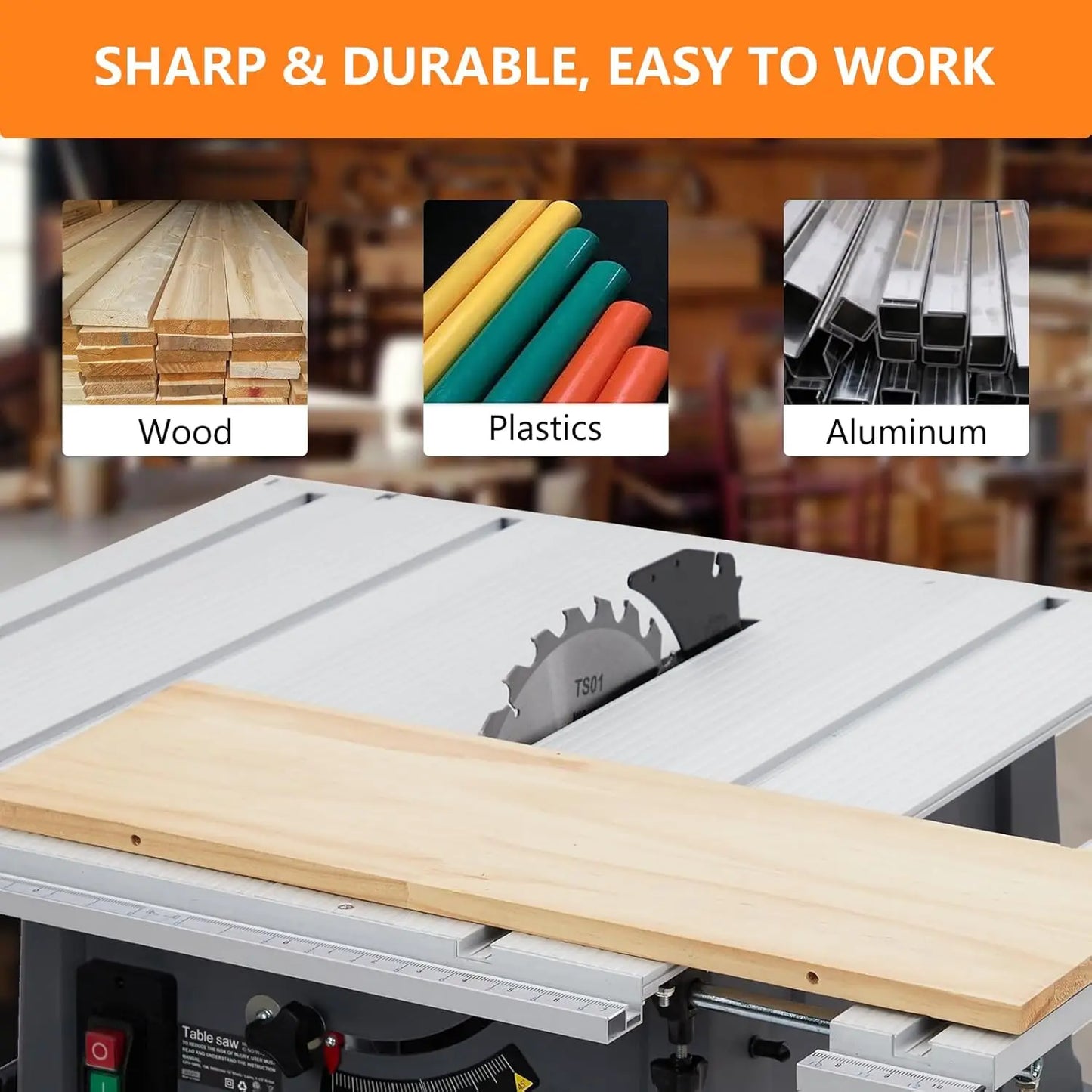 Table Saw,10inch 15A 5000RPM Portable Table Saw with Stand & Safety Switch, Push Stick, 90°Cross Cut & 0-45°Cutting