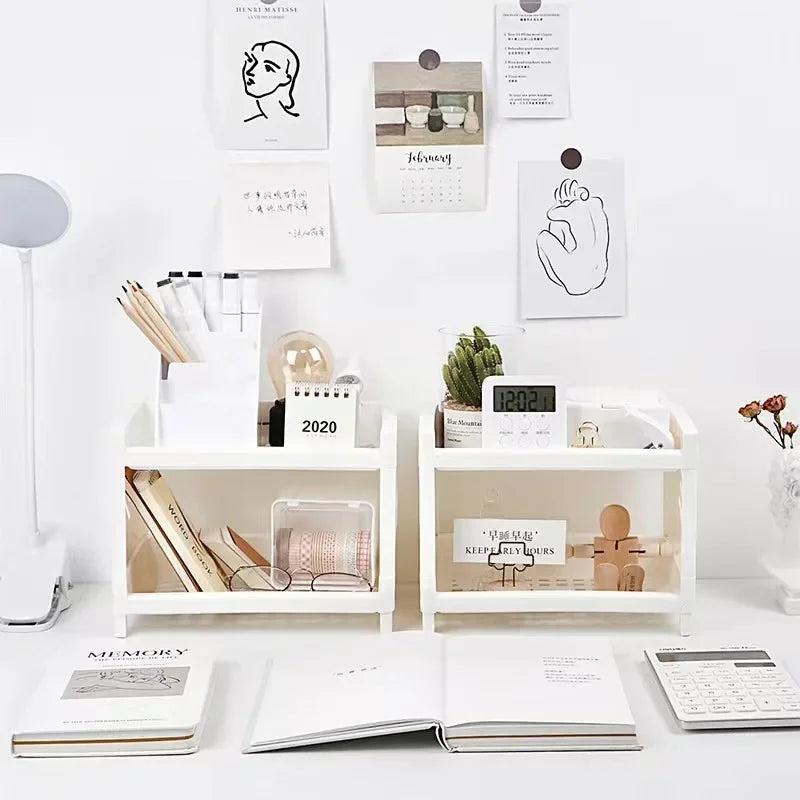 Modern Double-Deck Desk Storage Rack – Open Frame Office Organizer for Stationery, Notebooks & Daily Sundries