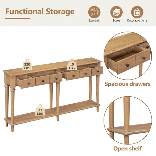 Rustic Pine Console Table with 4 Drawers and Open Shelf for Entryway