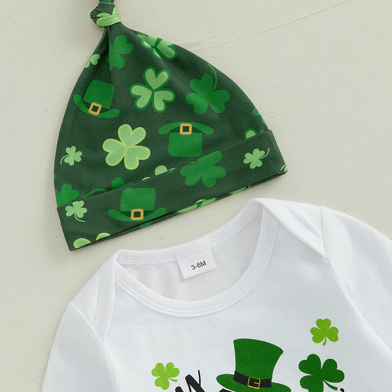 St Patrick's Day Baby Boys Shamrock Print Long Sleeve Rompers Long Pants Hat 3Pcs Outfit Set