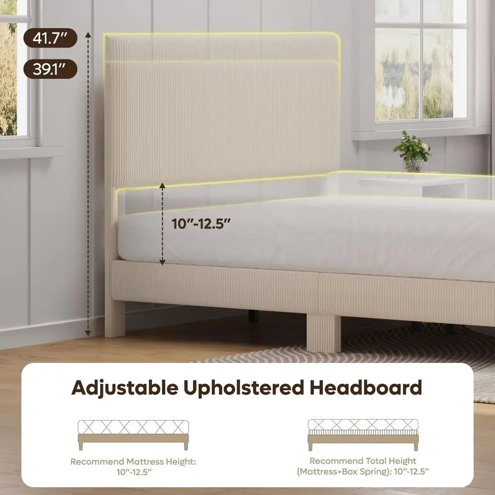 Queen Upholstered Bed Frame With LED Headboard Beige Easy Assembly No Squeak