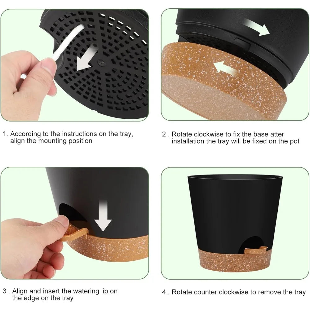 Indoor Self Watering Planters with Drainage Holes and Saucers 8 7 6.5 6 5.5 5 Inches Black 6 Pots