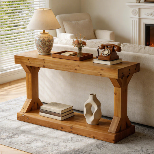 120cm Farmhouse Console Table With Shelf Solid Fir Wood Entryway Sofa Table