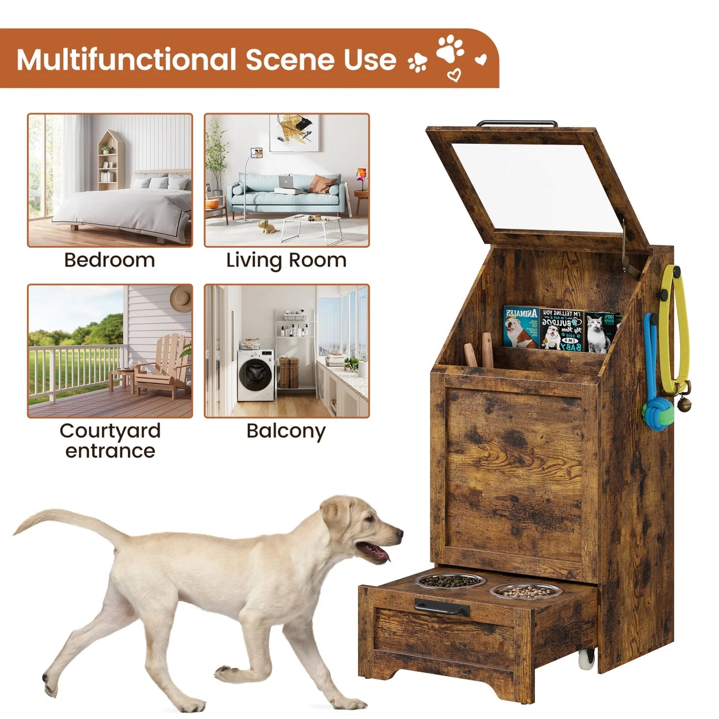 Pet Food Cabinet Flip Top Dog Food Storage Cabinet,Dog Feeding Station with 2 Elevated Bowls, Pet Toy Storage Organizer