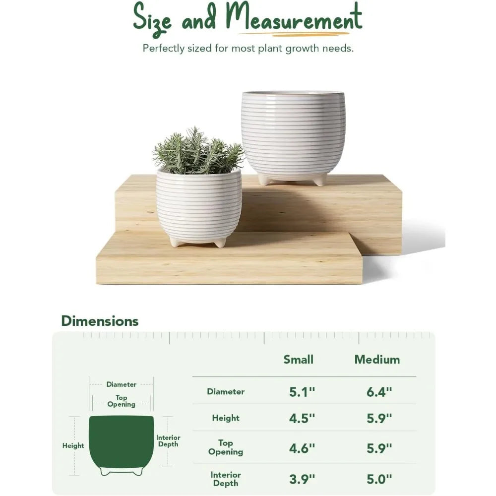 Ceramic Plant Pots 5.1 and 6.4 Inch with Drainage Modern Indoor Footed Planters Reactive Glaze White