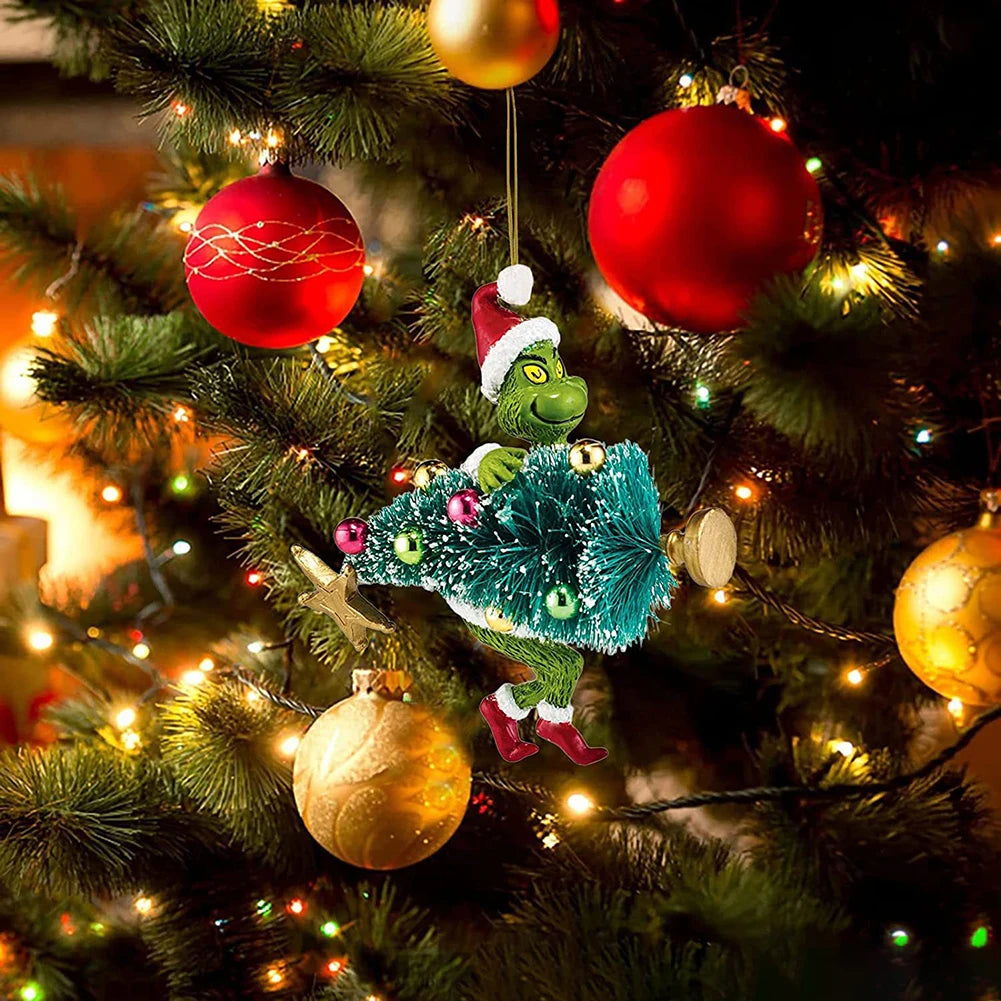 18Pcs 2D Acrylic Christmas Tree Green Monsters Ornaments Cute Green Monsters Christmas Tree Pendants Christmas Cartoon Ornaments