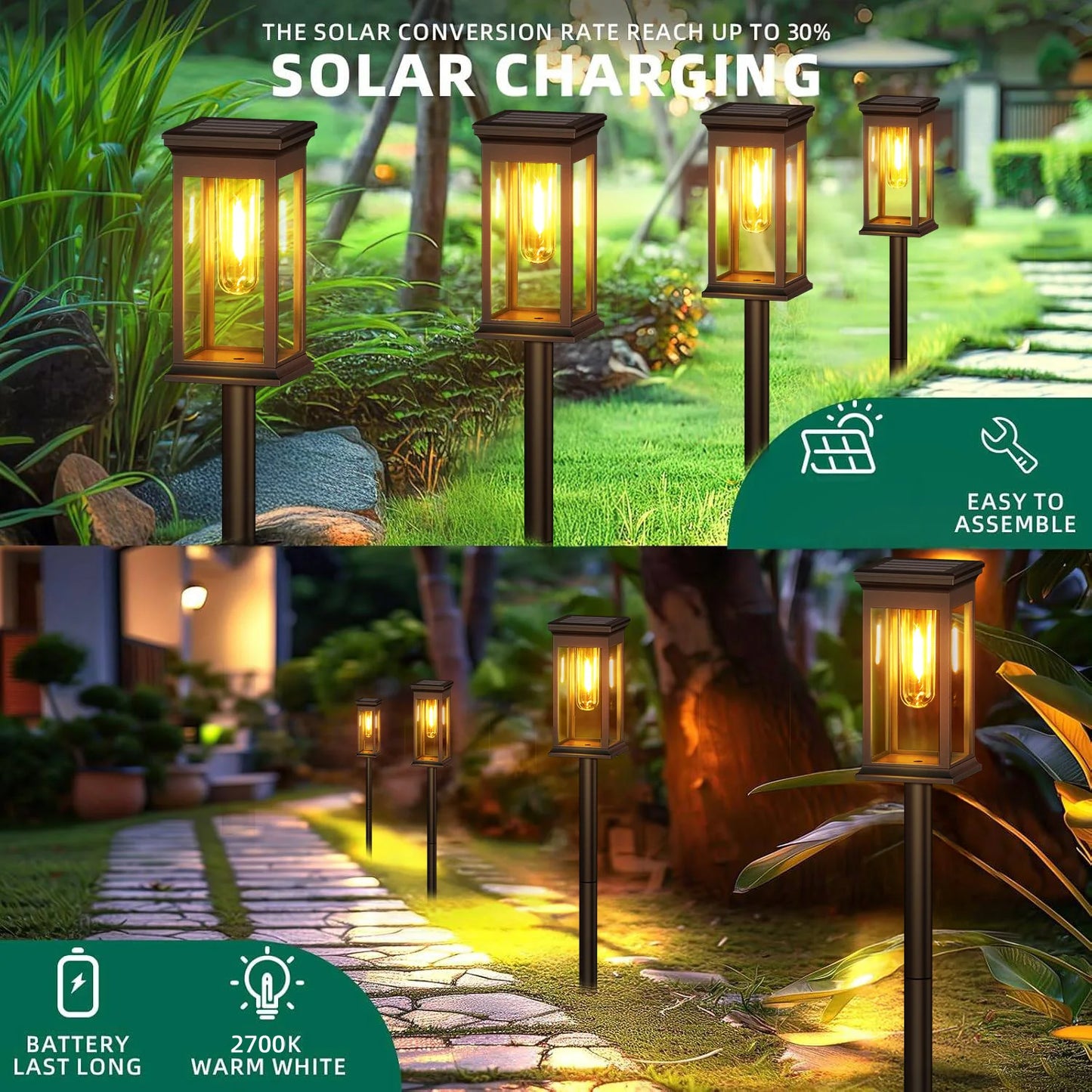 6/12 Pack [Upgraded] Solar Lights, 2700K Warm White, Super Bright 12Hrs, for Yard/Garden Walkway