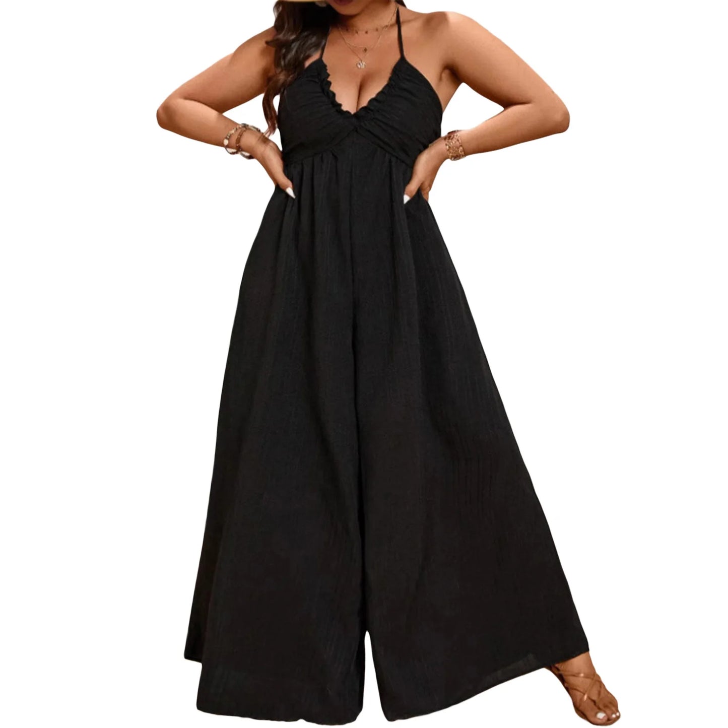Women Plus Size Rompers Solid Color Sleeveless Halter Neck V-Neck Tie-Up Wide-Leg Jumpsuits Overalls for Summer Fashion