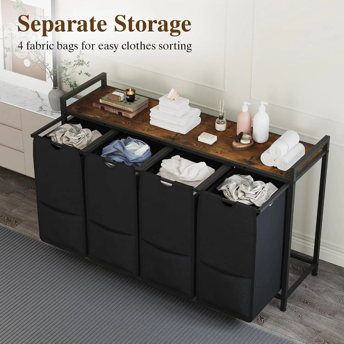 Garvee Laundry Sorter 4 Section, Laundry Hamper with Shelf, 197LLaundry Basket with Shelf, Removable Bags, Pockets, for Laundry Room, Bathroom & Bedroom