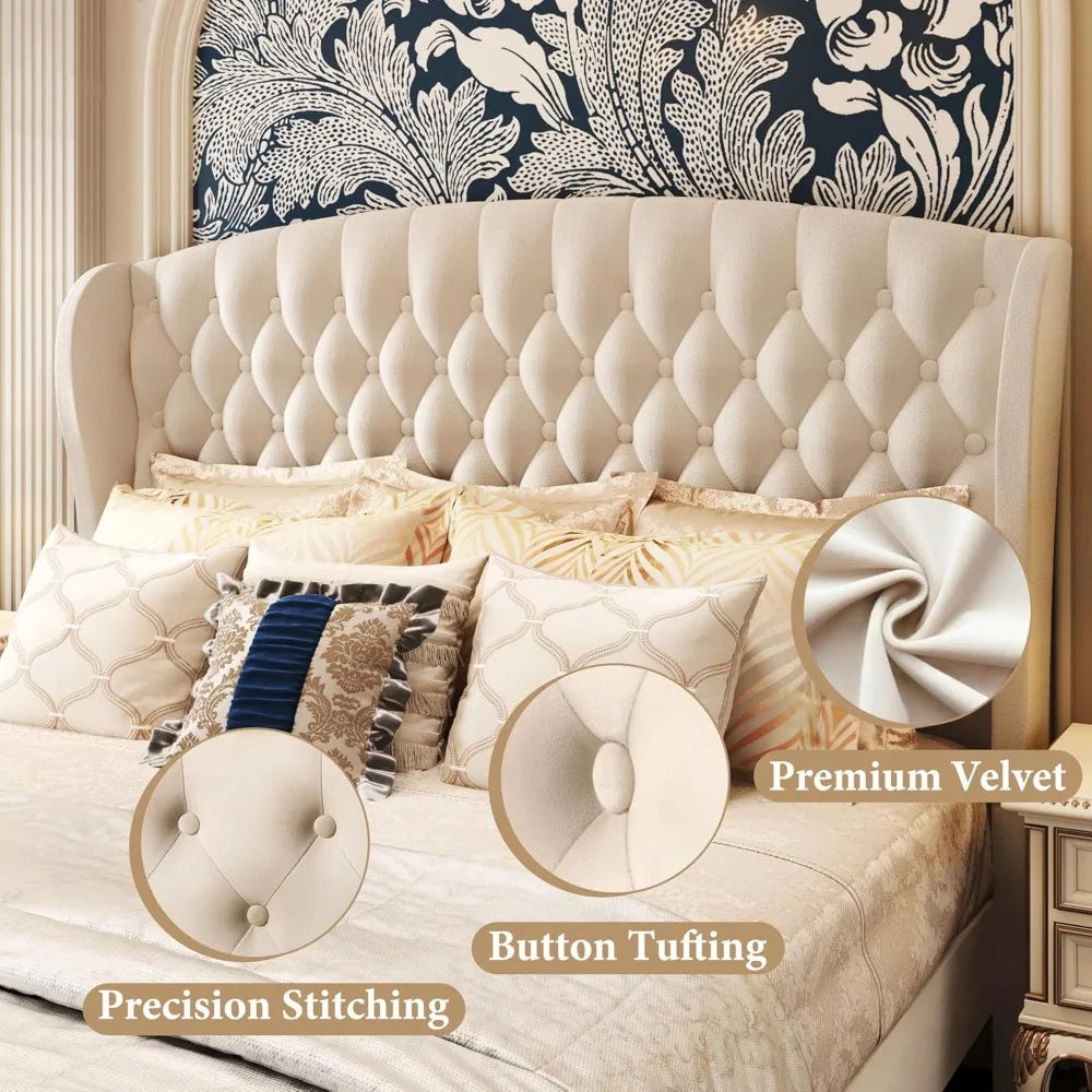 hisoft queen bed frame, 42" tall velvet upholstered sleigh bed with wingback headboard & scrolled footboard, no box spring neede