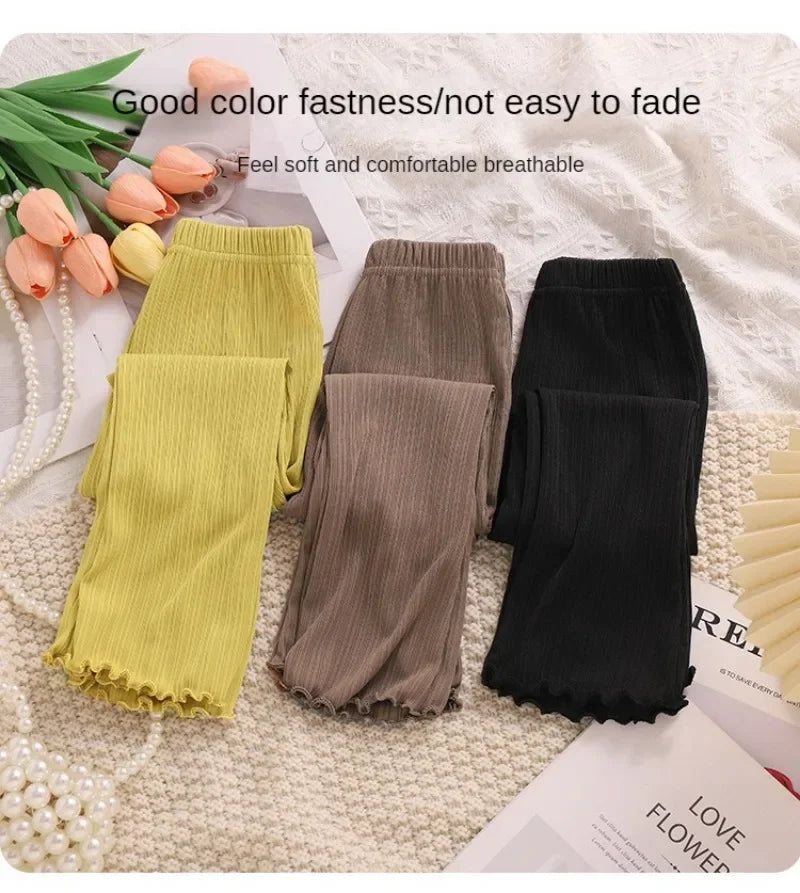 Children Summer Solid Color Thin Ribbed Knit Flared Pants Girls Casual Trousers Korea Fashion Pants Girl Princess Style Capris