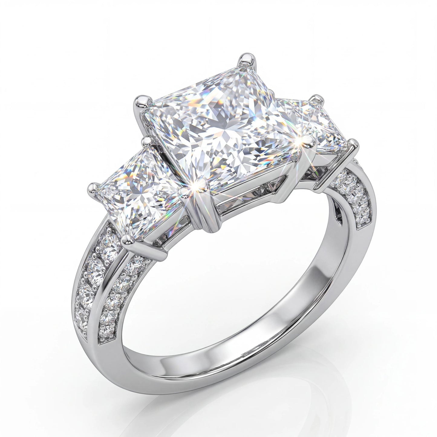 Princess Cut Three Stone Moissanite Ring, S925 Silver, D Color VVS1, 3ct, Hip Hop, Unisex, Passes Diamond Tester
