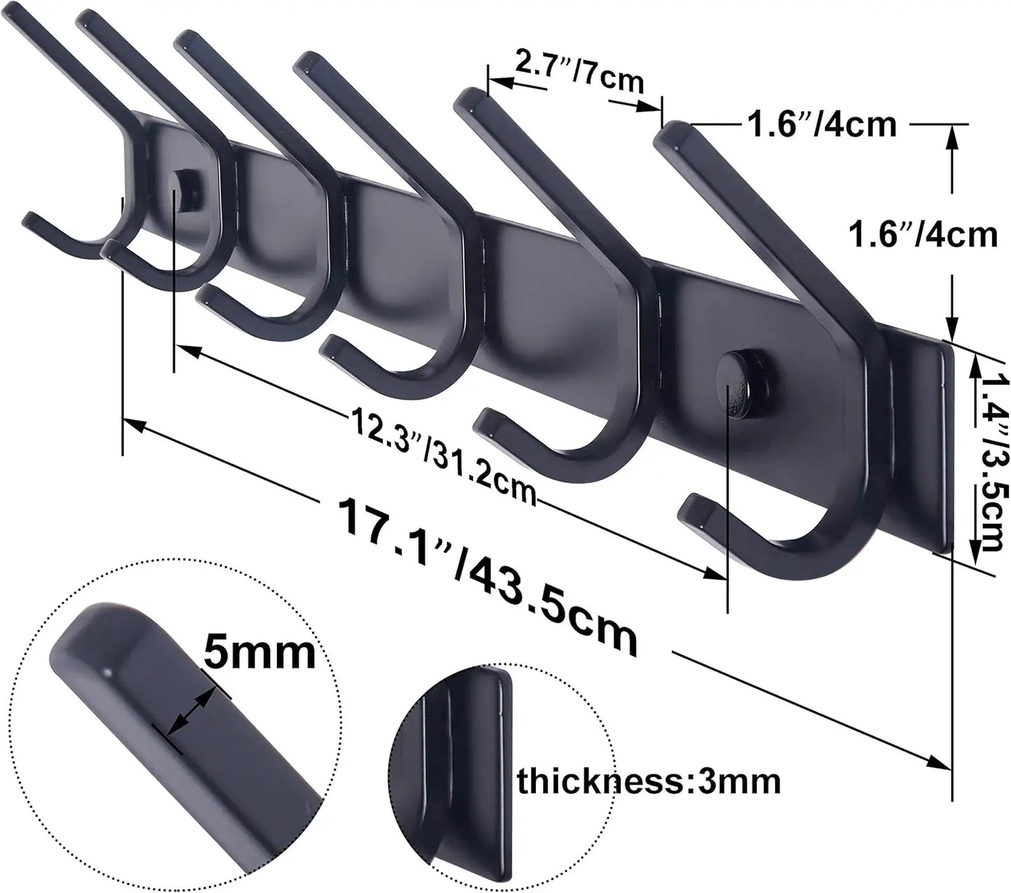 Wall Mounted Coat Rack with 6 Double Hooks Heavy Duty Metal Rail for Purse Clothes Jacket Entryway Black