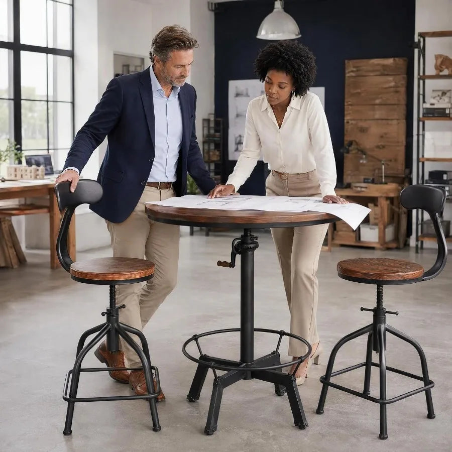 Three Piece Adjustable Bar Table and Stool Set with Black Iron Backrests