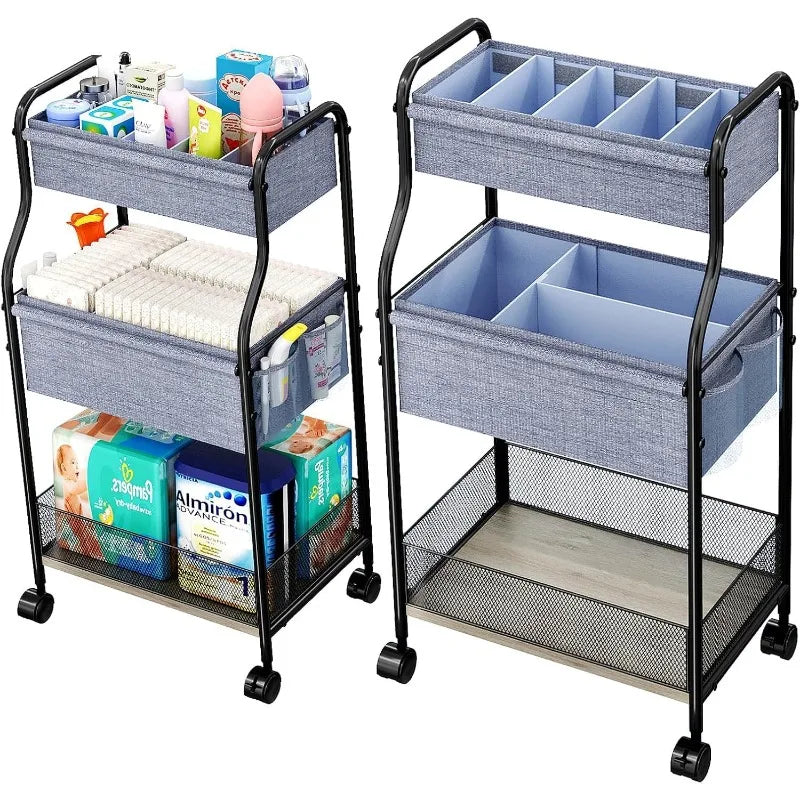3-Tier Baby Diaper Caddy Organizer and Storage Cart with 4+2 Dividers, Mobile Metal Utility Cart with Rolling Wheels for Nursery