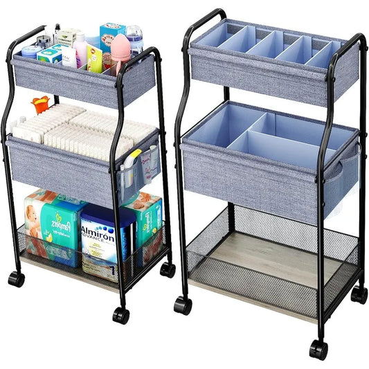 3-Tier Baby Diaper Caddy Organizer and Storage Cart with 4+2 Dividers, Mobile Metal Utility Cart with Rolling Wheels for Nursery