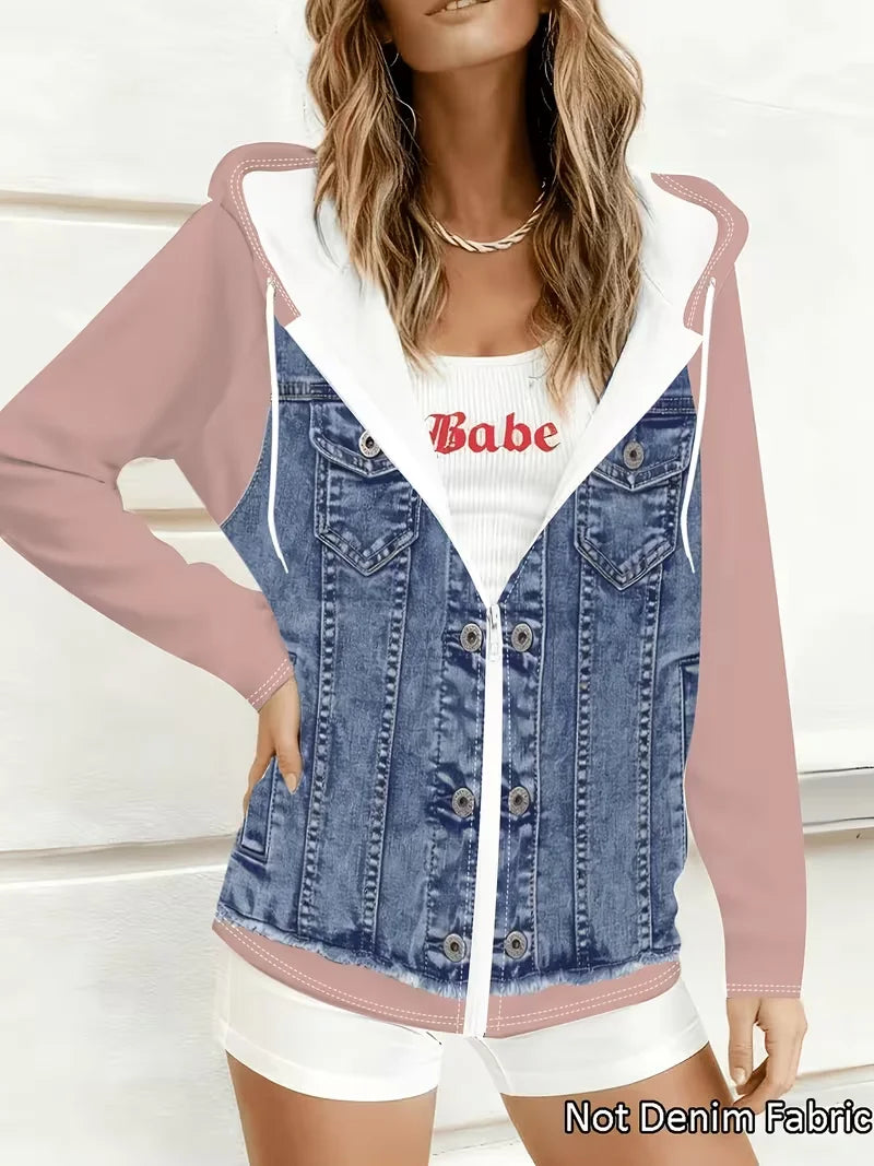 Plus size women's color block hooded printed faux denim jacket; patchwork sleeve raw hem faux denim jacket; spring and autumn casual top