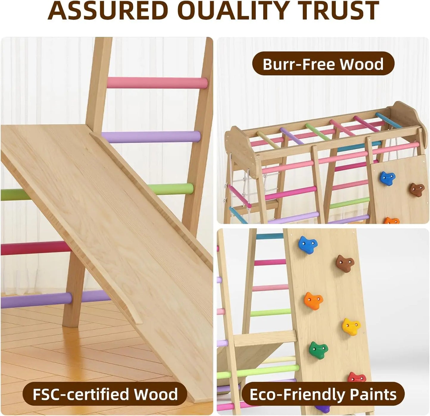 9 in 1 Wooden Indoor Playground: Slide, Swing, Rope Ladder, Climbing Net, Rock Wall, DIY Name Stickers