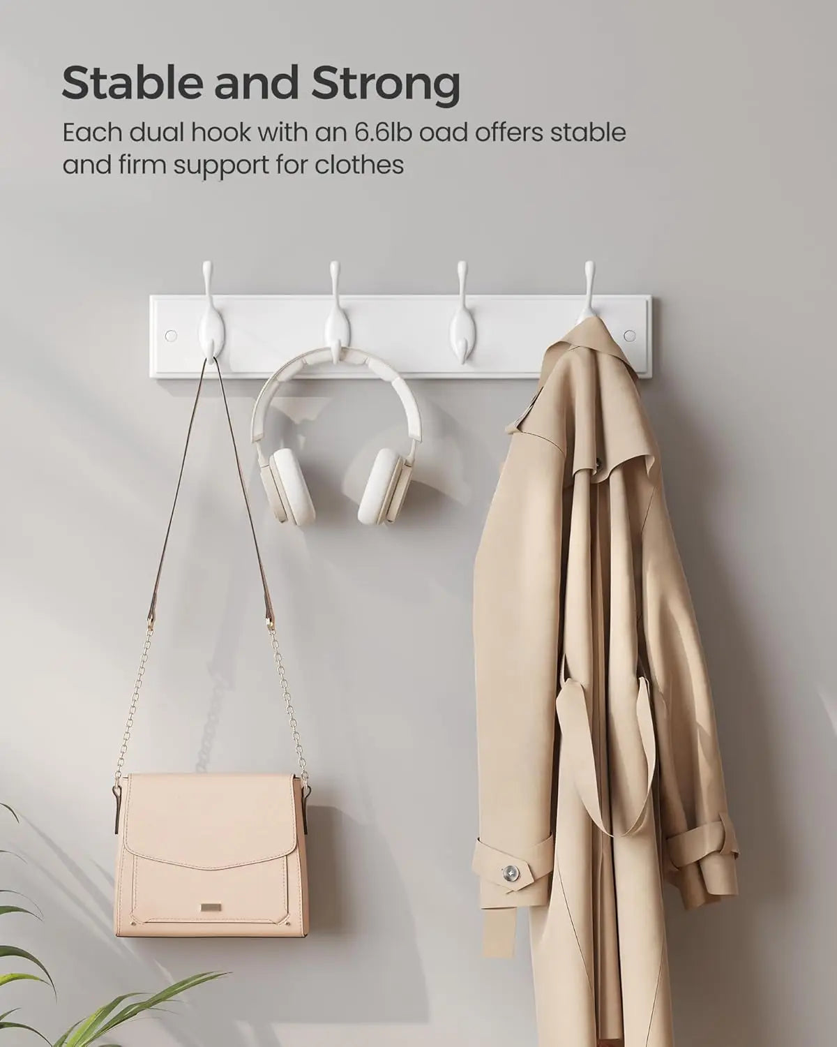 Wall Mounted Coat Rack with 4 Dual Metal Hooks for Entryway Bedroom Living Room Storage White