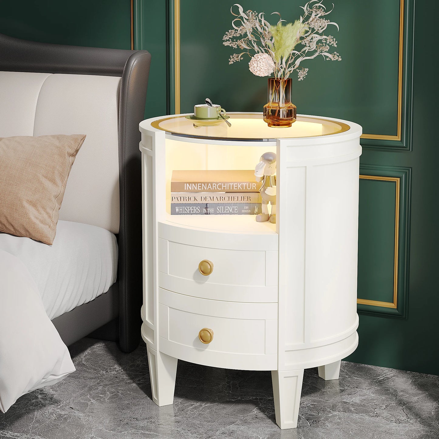 LITTLE TREE 2-Drawer Nightstand with Glass Tabletop, Modern White Oval LED Nightstands, No Assembly Required