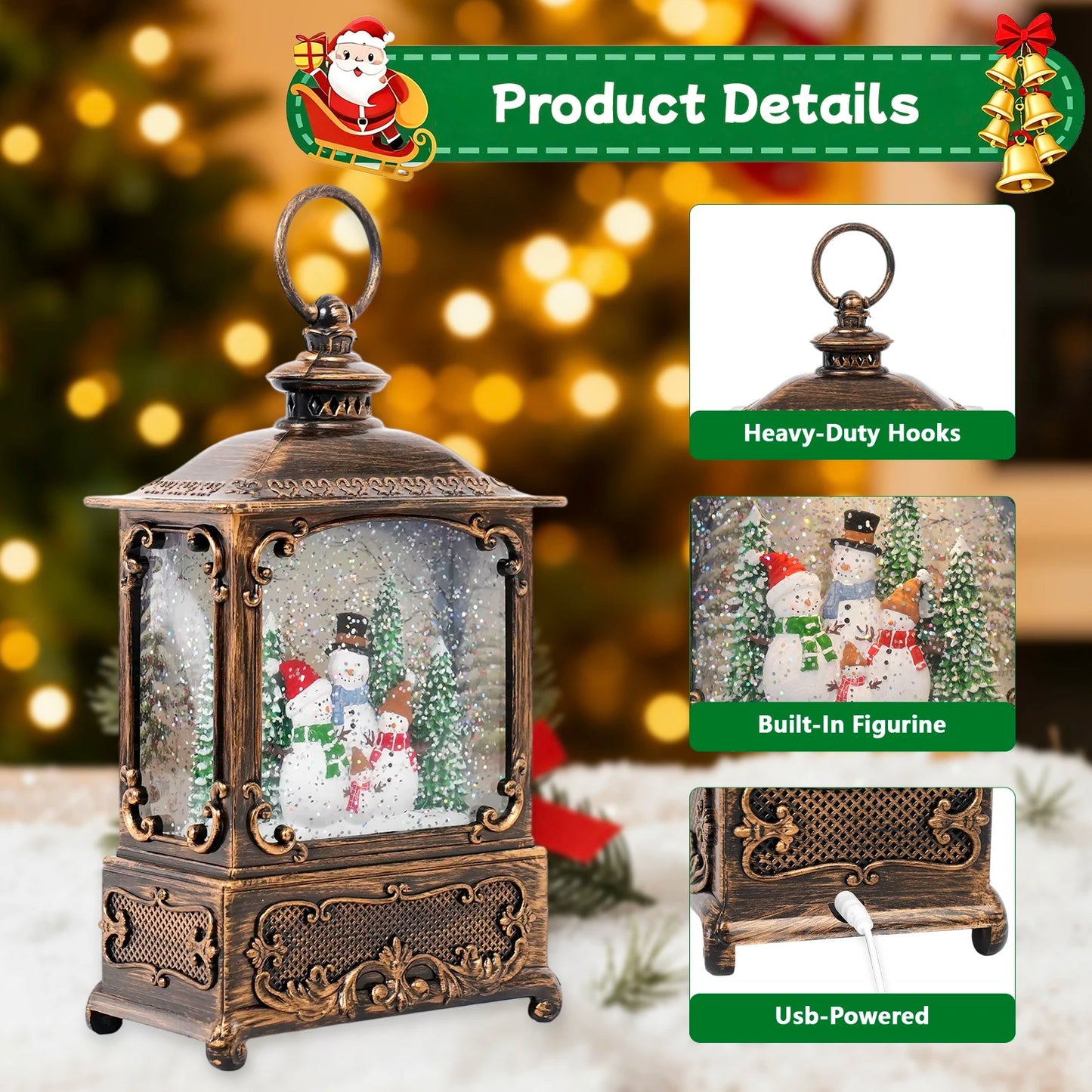 Christmas Music Snow Globe Lantern with LED Lights & Falling Snowflakes, Holiday Melodies and Warm White Glow for Christmas Deco