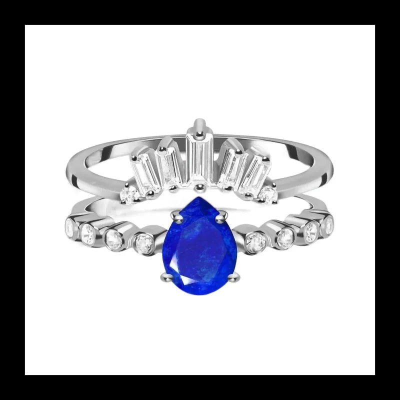 Silver Water Drop Sapphire Micro Zircon Double Ring Niche Design about Light Luxury Exquisite Jewelry