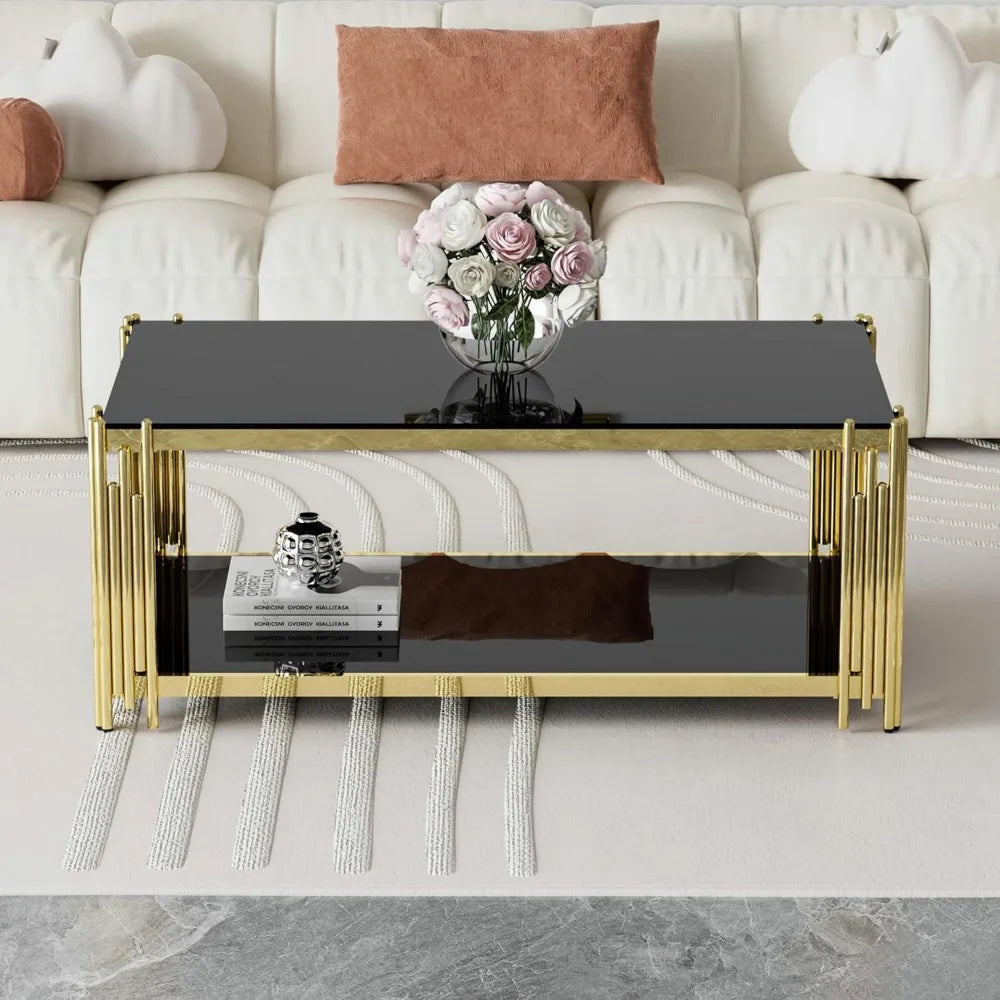 Luxury Rectangular Tempered Glass Coffee Table with Gold Stainless Steel Legs for Modern Living Rooms