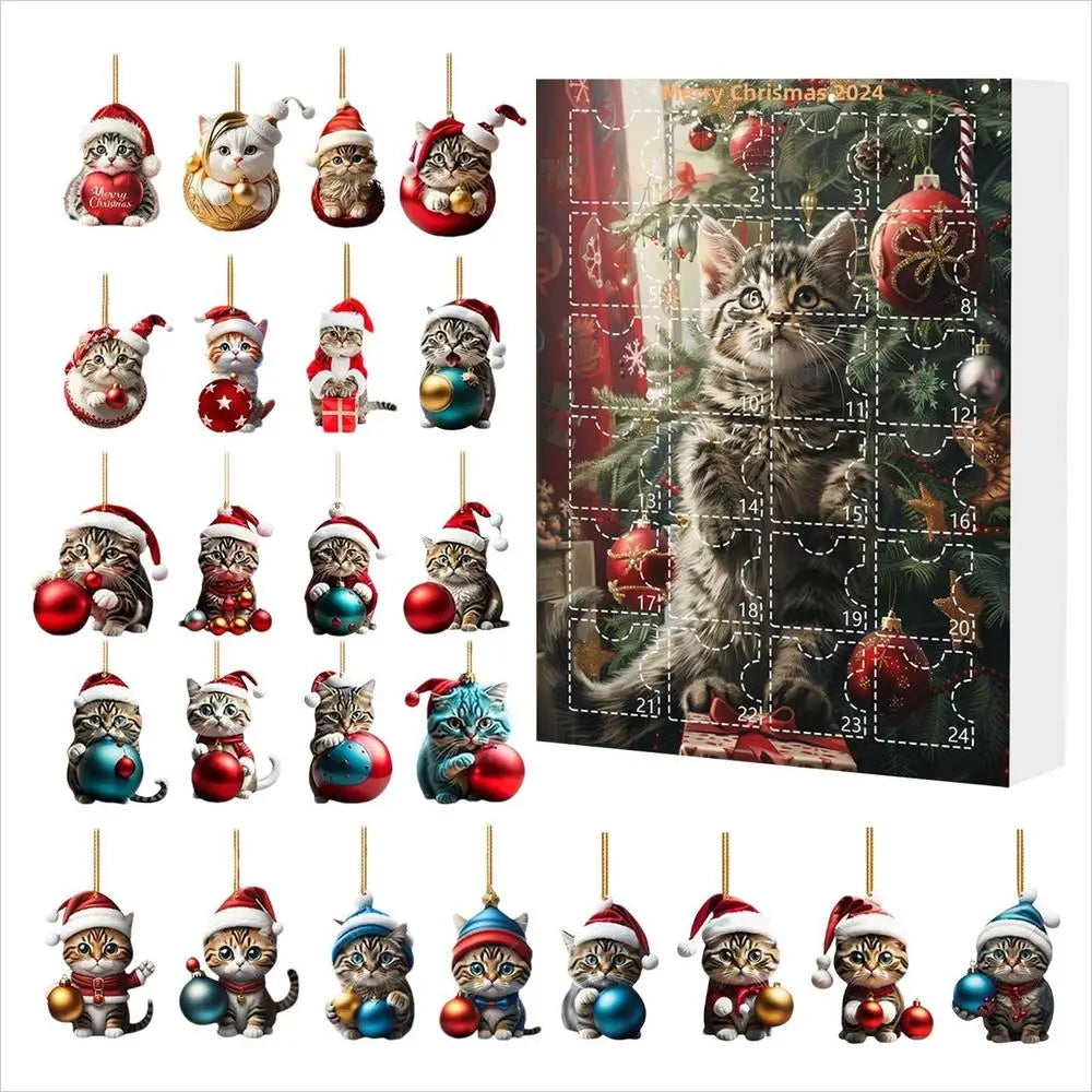 24-Day Christmas Countdown Calendar Cat Ornament Advent 2D Acrylic Cute Cat Ornaments Animal Charm Pendant for Window Backpack