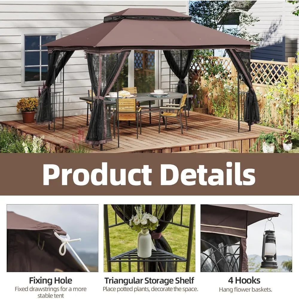 10' X 13' Outdoor Gazebo, Soft Double Roof Canopy Tent with Mosquito Netting, Party Tent Shelter with Corner Frame Shelves for