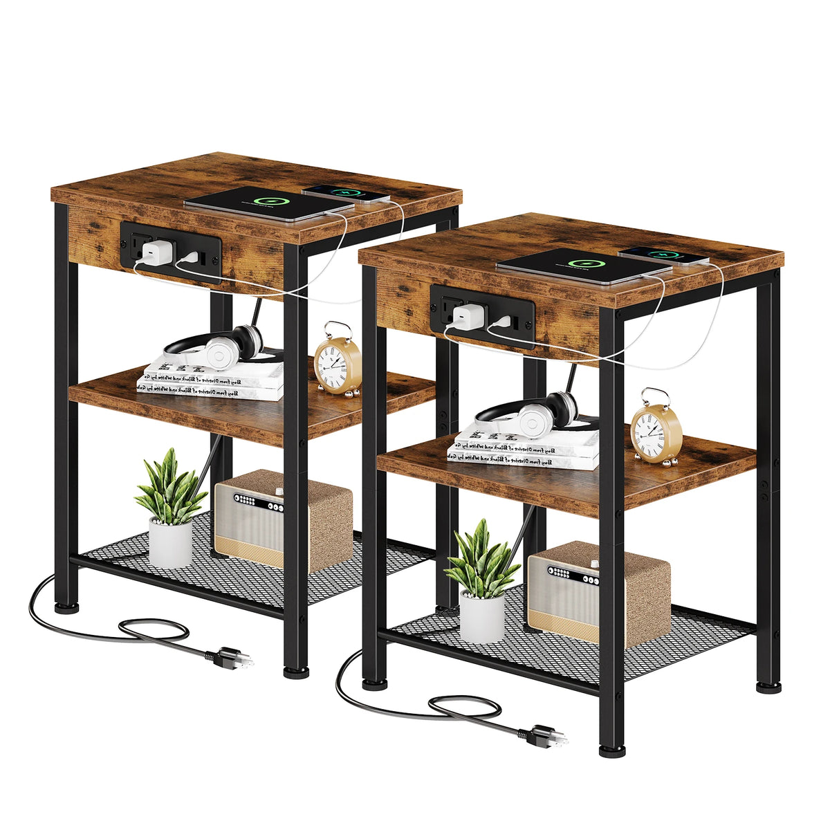 JHK 3 Tier Side Table Nightstand with Charging Station and USB Ports