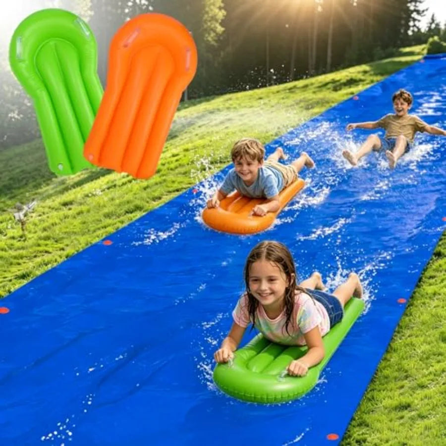 Outdoor backyard water slide for summer use, made of thick durable slick PVC material, blue and yellow color, extra wide design