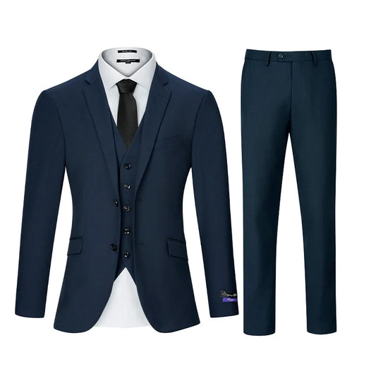 3pcs Men's Classic Solid Color Suit Set Long Sleeve Blazer with Button Details Non-Stretch Fabric Regular Fit for All Seasons