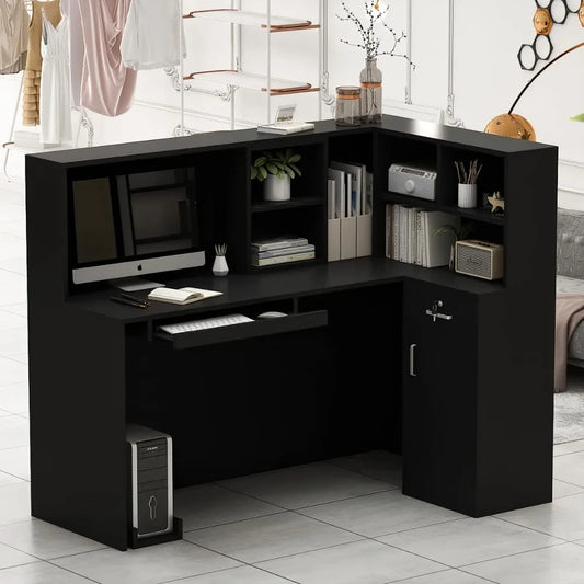 Reception Desk Reception Stations with Open Shelf & Drawers, L Shape Reception Table Wooden Computer Desk
