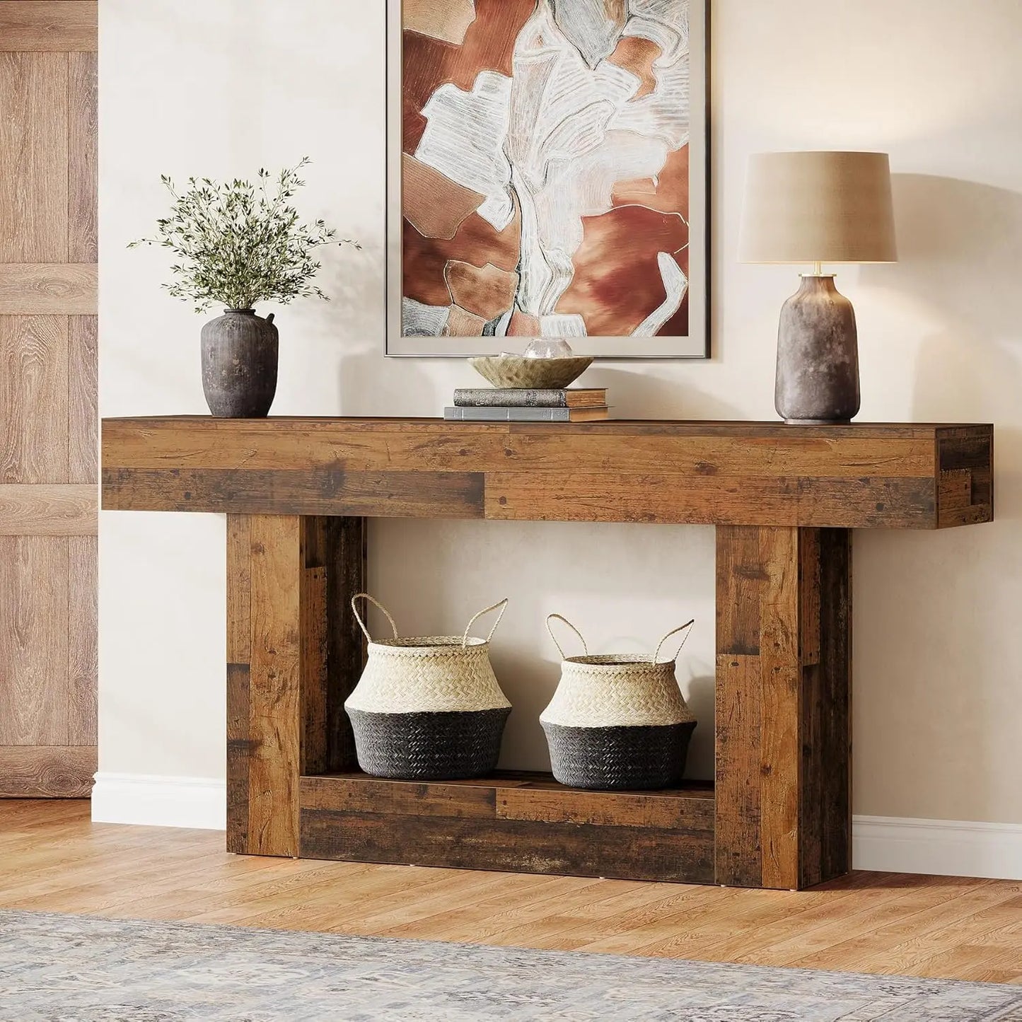LITTLE TREE 63" Console Table, Farmhouse 2-Tier Entryway Table with U-Shaped Base,Narrow Long Wood Sofa Table Behind Couch Table