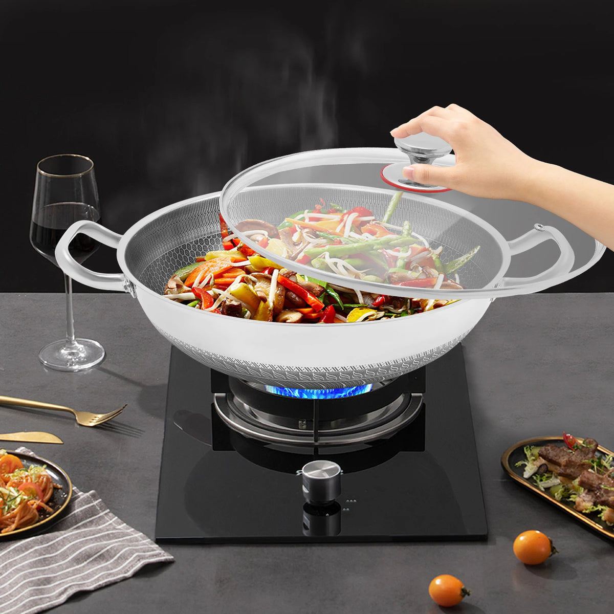 Stainless Steel Nonstick Wok Pan With Tempered Glass Lid For Most Stoves