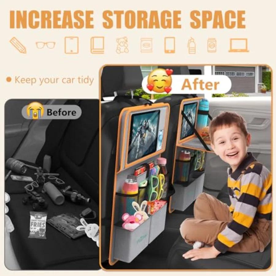 Car Backseat Organizer with Tablet Holder, 11 Storage Pockets with Foldable Food Tray, Protector Kick Mats for,Travel Accessori