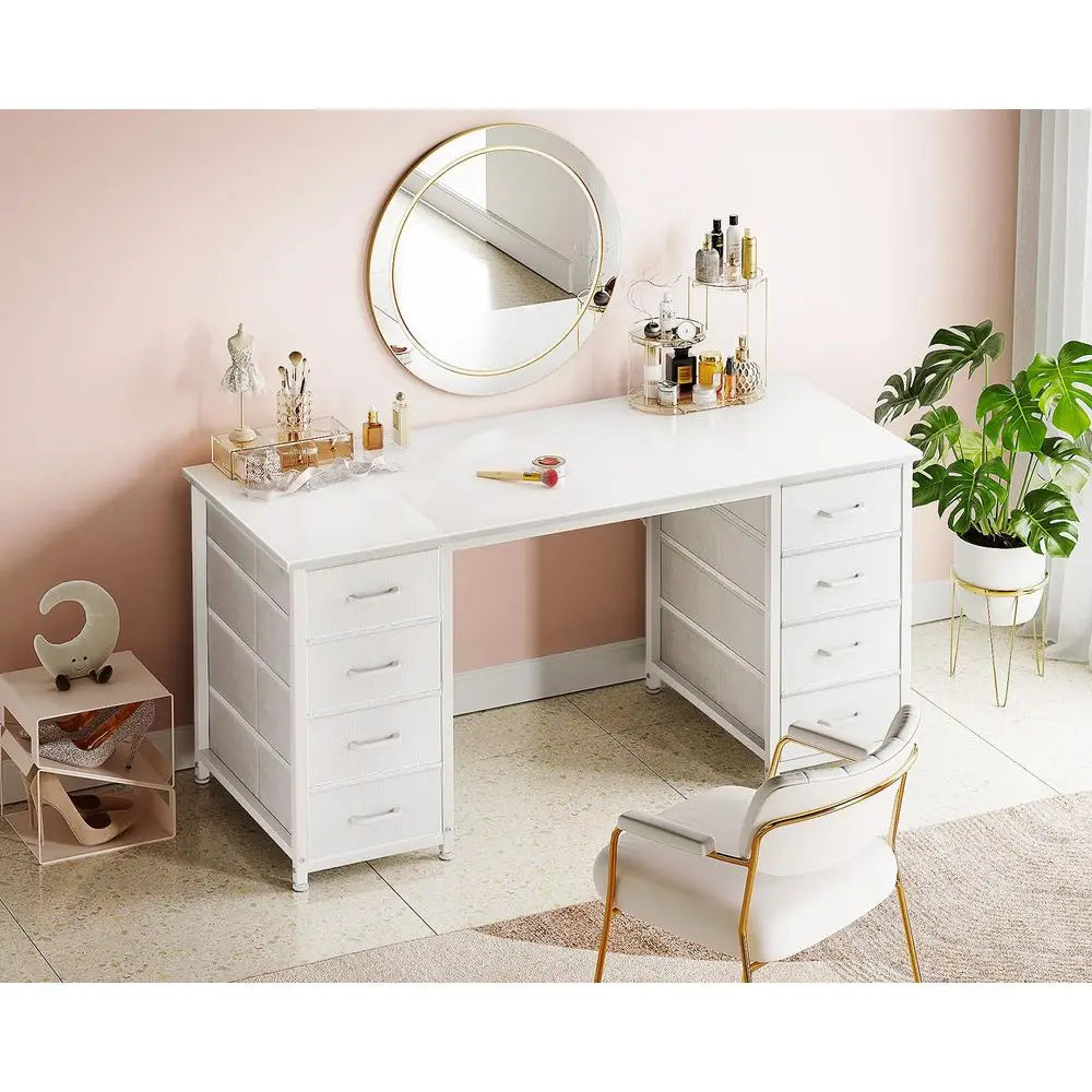 48 Inch White L Shaped Computer Desk with 8 Fabric Drawers for Home Office
