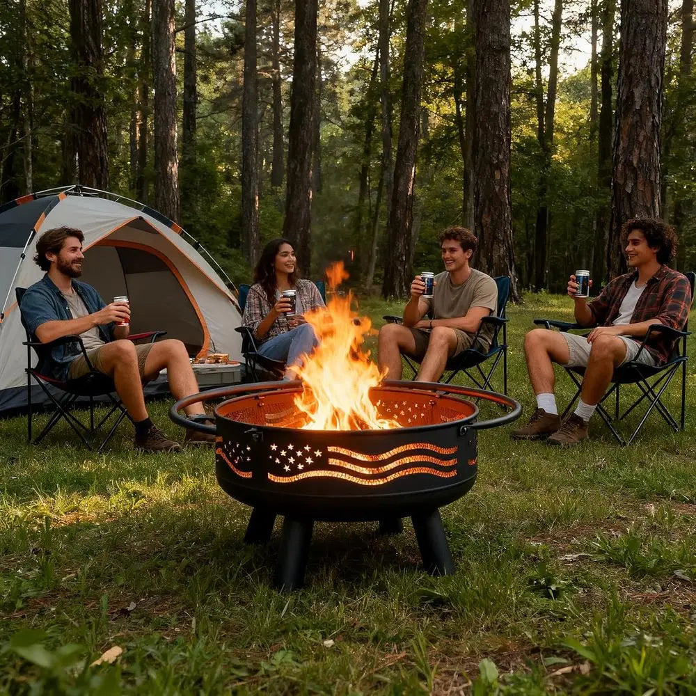 32 Inch Round Metal Wood Burning Fire Pit with Mesh Cover & Poker, Perfect for Outdoor Patio, Garden, Backyard Gatherings, Ideal