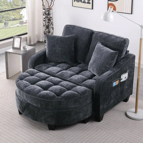 Sofa Chaise Longue (Double) - Irregular Arm/Backrests, Footrest with Storage & 2 Small Throw Pillows