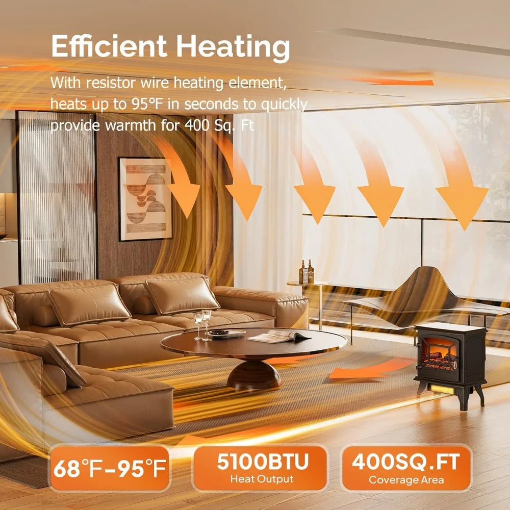 ROVSUN 20 H Electric Fireplace Stove Space Heater, 1400W Portable Freestanding with Thermostat, Realistic Flame Logs, Overheat &