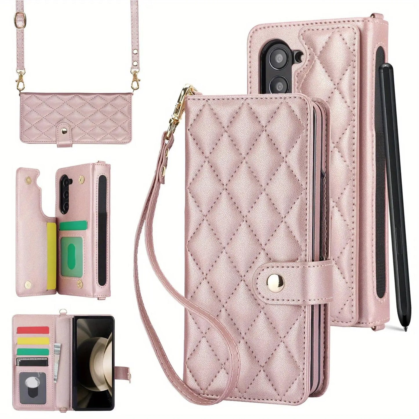 PU Leather Flip Wallet Case For Samsung Galaxy Z Fold 6 5 4 3 5G With Holder Crossbody Wrist Strap Card Slot Stand Phone Cover