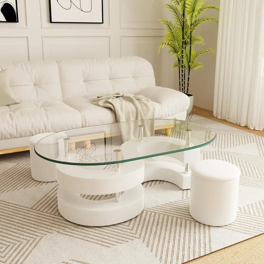 Oval Glass Coffee Table Set of 3, 0.39" Tempered Glass Top and S Shape Base, Modern Center Table with 2 Leather Stools, Accent C