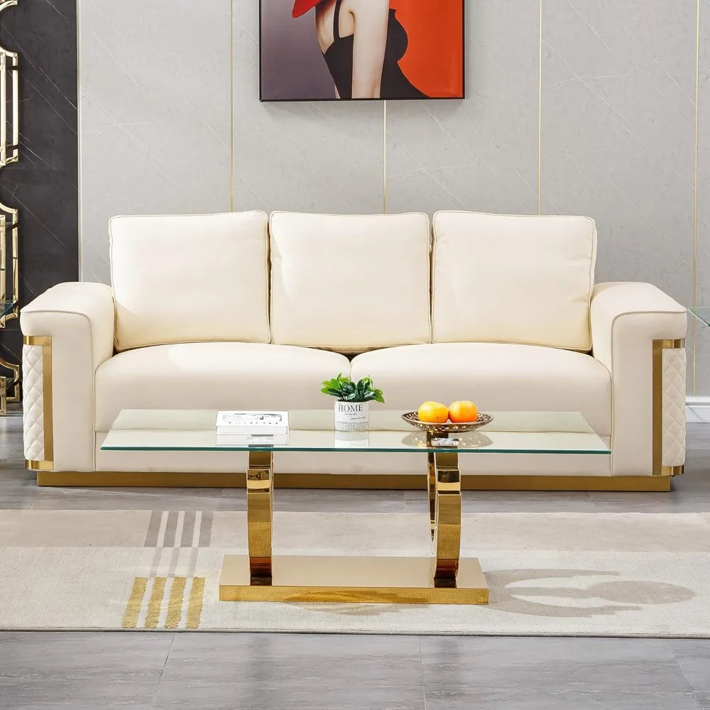 Luxury Gold Glass Coffee Table for Living Room Modern 47" Rectangular Center Table with Ring-Shape Mirrored Stainless Steel Base