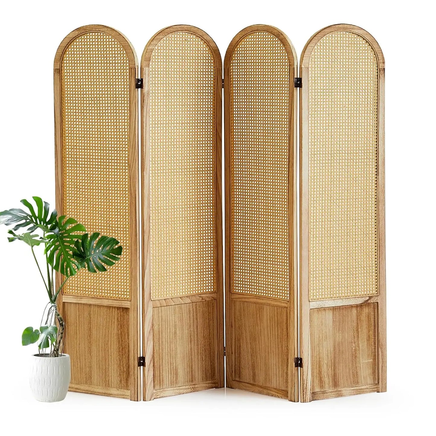 4 Panel Room Divider and Folding Privacy Screen, 5.6 Ft Foldable Double Hinged Rattan Partition, Hand-Woven Rattan, Customized